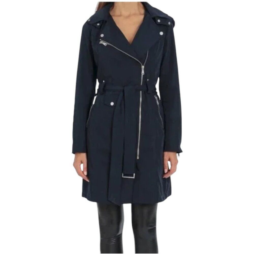 Avec Les Filles Women's Moto Trench Jacket Hooded w/ Belt in Navy Size S